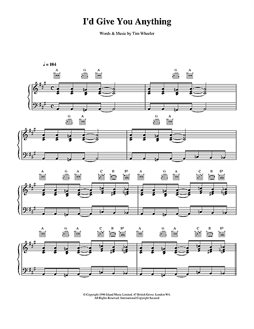 Preview Ash I'd Give You Anything Pop sheet music, notes and chords for Piano, Vocal & Guitar (Right-Hand Melody), SKU: 15115 sheet music, piano notes, chords, guitar tabs, score, transpose, transcribe, how to play, guide, download, learn, tutorial, progression, song, artist, awards, billboard, mtv, vh1, tour, single, album, release