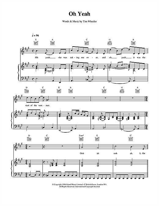 Preview Ash Oh Yeah Pop sheet music, notes and chords for Piano, Vocal & Guitar (Right-Hand Melody), SKU: 15121 sheet music, piano notes, chords, guitar tabs, score, transpose, transcribe, how to play, guide, download, learn, tutorial, progression, song, artist, awards, billboard, mtv, vh1, tour, single, album, release