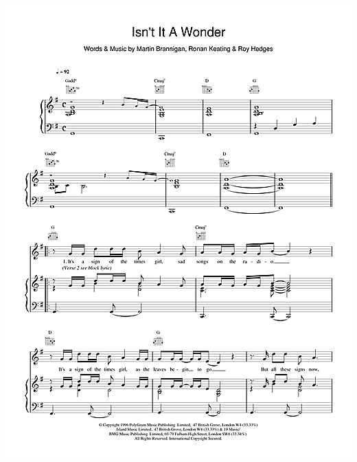 Preview Boyzone Isn't It A Wonder Pop sheet music, notes and chords for Piano, Vocal & Guitar (Right-Hand Melody), SKU: 15123 sheet music, piano notes, chords, guitar tabs, score, transpose, transcribe, how to play, guide, download, learn, tutorial, progression, song, artist, awards, billboard, mtv, vh1, tour, single, album, release