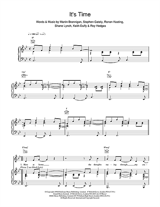 Preview Boyzone Its Time Pop sheet music, notes and chords for Piano, Vocal & Guitar (Right-Hand Melody), SKU: 15124 sheet music, piano notes, chords, guitar tabs, score, transpose, transcribe, how to play, guide, download, learn, tutorial, progression, song, artist, awards, billboard, mtv, vh1, tour, single, album, release