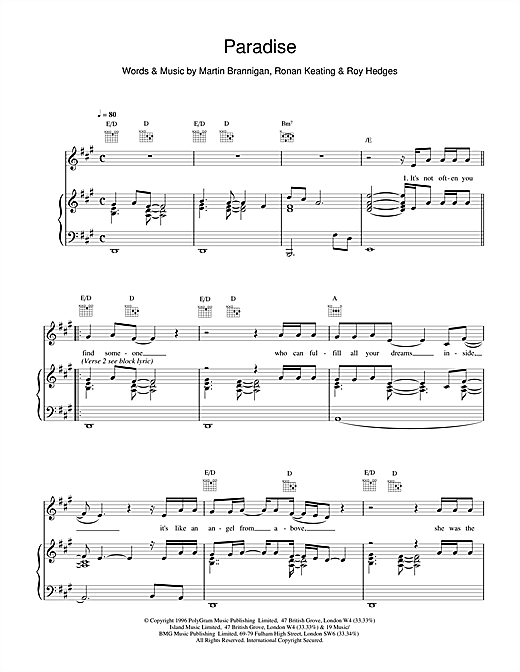 Preview Boyzone Paradise Pop sheet music, notes and chords for Piano, Vocal & Guitar (Right-Hand Melody), SKU: 15126 sheet music, piano notes, chords, guitar tabs, score, transpose, transcribe, how to play, guide, download, learn, tutorial, progression, song, artist, awards, billboard, mtv, vh1, tour, single, album, release