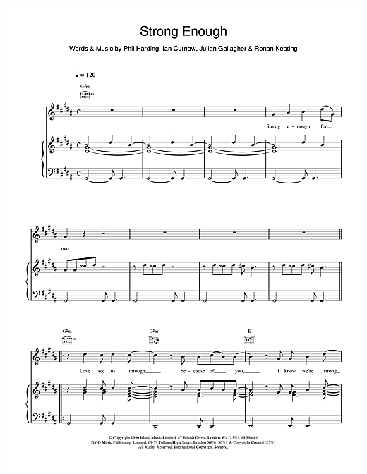 Preview Boyzone Strong Enough Pop sheet music, notes and chords for Piano, Vocal & Guitar (Right-Hand Melody), SKU: 15127 sheet music, piano notes, chords, guitar tabs, score, transpose, transcribe, how to play, guide, download, learn, tutorial, progression, song, artist, awards, billboard, mtv, vh1, tour, single, album, release