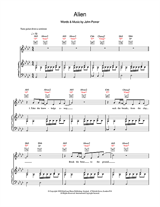 Preview Cast Alien Pop sheet music, notes and chords for Piano, Vocal & Guitar, SKU: 15129 sheet music, piano notes, chords, guitar tabs, score, transpose, transcribe, how to play, guide, download, learn, tutorial, progression, song, artist, awards, billboard, mtv, vh1, tour, single, album, release