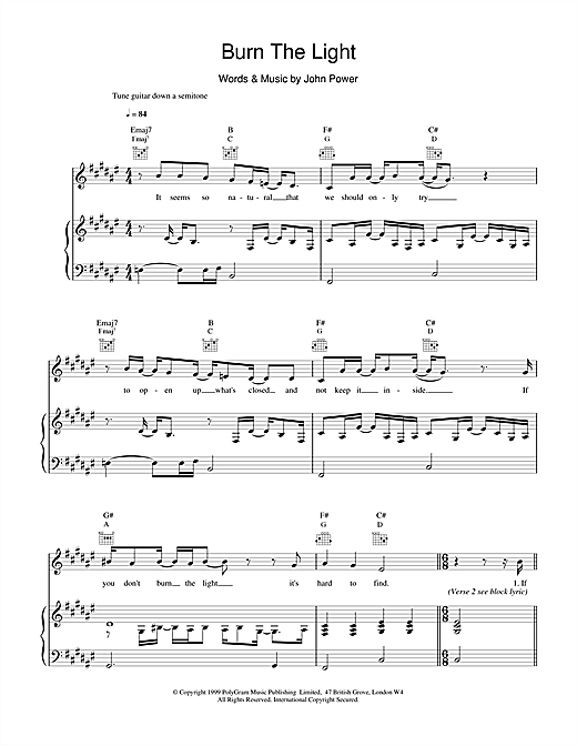 Preview Cast Burn The Light Pop sheet music, notes and chords for Piano, Vocal & Guitar, SKU: 15131 sheet music, piano notes, chords, guitar tabs, score, transpose, transcribe, how to play, guide, download, learn, tutorial, progression, song, artist, awards, billboard, mtv, vh1, tour, single, album, release