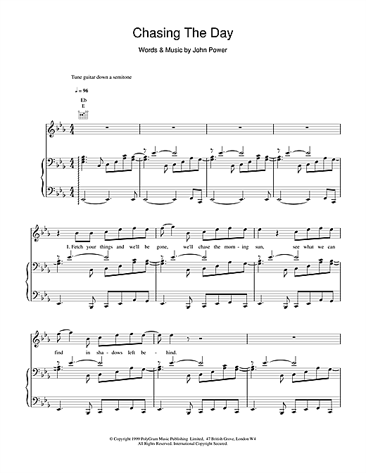 Preview Cast Chasing The Day Pop sheet music, notes and chords for Piano, Vocal & Guitar, SKU: 15132 sheet music, piano notes, chords, guitar tabs, score, transpose, transcribe, how to play, guide, download, learn, tutorial, progression, song, artist, awards, billboard, mtv, vh1, tour, single, album, release
