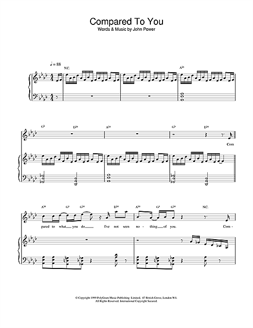 Preview Cast Compared To You Pop sheet music, notes and chords for Piano, Vocal & Guitar (Right-Hand Melody), SKU: 15134 sheet music, piano notes, chords, guitar tabs, score, transpose, transcribe, how to play, guide, download, learn, tutorial, progression, song, artist, awards, billboard, mtv, vh1, tour, single, album, release