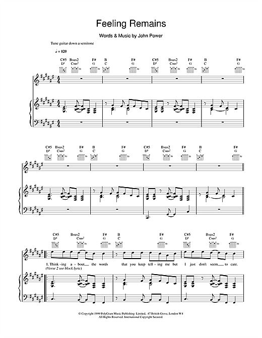 Preview Cast Feeling Remains Pop sheet music, notes and chords for Piano, Vocal & Guitar (Right-Hand Melody), SKU: 15136 sheet music, piano notes, chords, guitar tabs, score, transpose, transcribe, how to play, guide, download, learn, tutorial, progression, song, artist, awards, billboard, mtv, vh1, tour, single, album, release