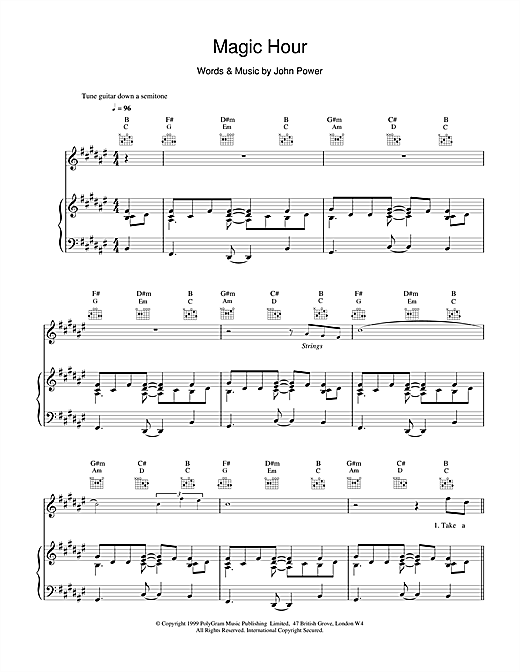 Preview Cast Magic Hour Pop sheet music, notes and chords for Piano, Vocal & Guitar (Right-Hand Melody), SKU: 15138 sheet music, piano notes, chords, guitar tabs, score, transpose, transcribe, how to play, guide, download, learn, tutorial, progression, song, artist, awards, billboard, mtv, vh1, tour, single, album, release
