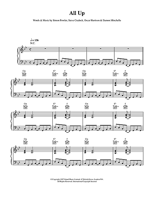 Preview Ocean Colour Scene All Up Rock sheet music, notes and chords for Piano, Vocal & Guitar (Right-Hand Melody), SKU: 15141 sheet music, piano notes, chords, guitar tabs, score, transpose, transcribe, how to play, guide, download, learn, tutorial, progression, song, artist, awards, billboard, mtv, vh1, tour, single, album, release