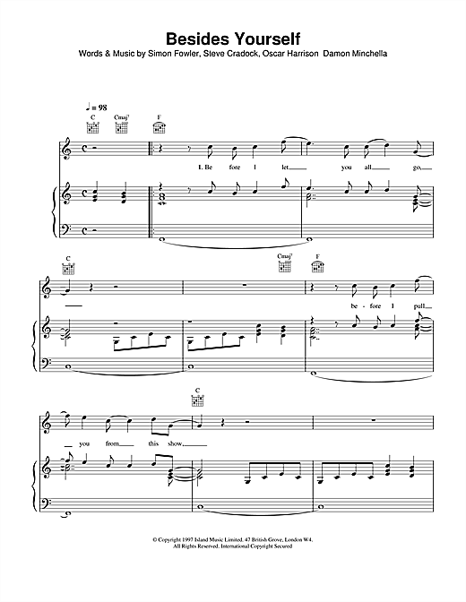 Preview Ocean Colour Scene Besides Yourself Rock sheet music, notes and chords for Piano, Vocal & Guitar (Right-Hand Melody), SKU: 15142 sheet music, piano notes, chords, guitar tabs, score, transpose, transcribe, how to play, guide, download, learn, tutorial, progression, song, artist, awards, billboard, mtv, vh1, tour, single, album, release