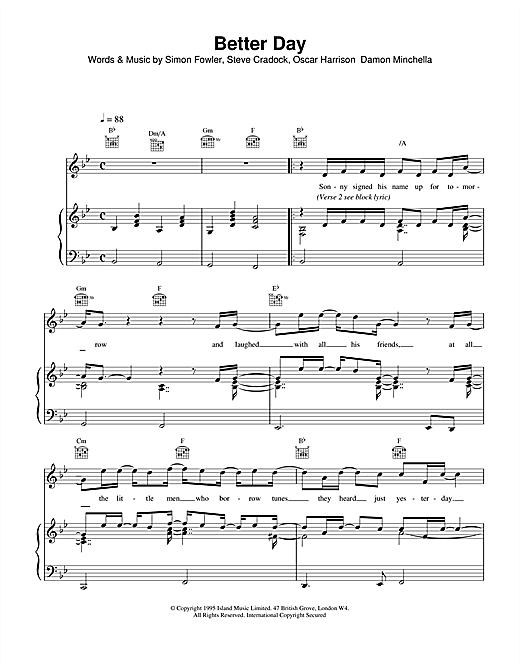 Preview Ocean Colour Scene Better Day Rock sheet music, notes and chords for Piano, Vocal & Guitar (Right-Hand Melody), SKU: 15143 sheet music, piano notes, chords, guitar tabs, score, transpose, transcribe, how to play, guide, download, learn, tutorial, progression, song, artist, awards, billboard, mtv, vh1, tour, single, album, release