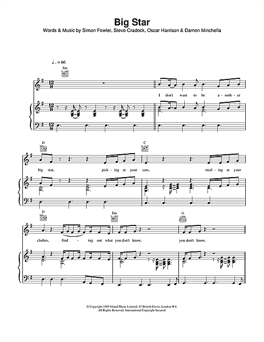 Preview Ocean Colour Scene Big Star Rock sheet music, notes and chords for Piano, Vocal & Guitar (Right-Hand Melody), SKU: 15144 sheet music, piano notes, chords, guitar tabs, score, transpose, transcribe, how to play, guide, download, learn, tutorial, progression, song, artist, awards, billboard, mtv, vh1, tour, single, album, release