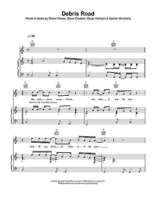 Preview Ocean Colour Scene Debris Road Rock sheet music, notes and chords for Piano, Vocal & Guitar (Right-Hand Melody), SKU: 15145 sheet music, piano notes, chords, guitar tabs, score, transpose, transcribe, how to play, guide, download, learn, tutorial, progression, song, artist, awards, billboard, mtv, vh1, tour, single, album, release