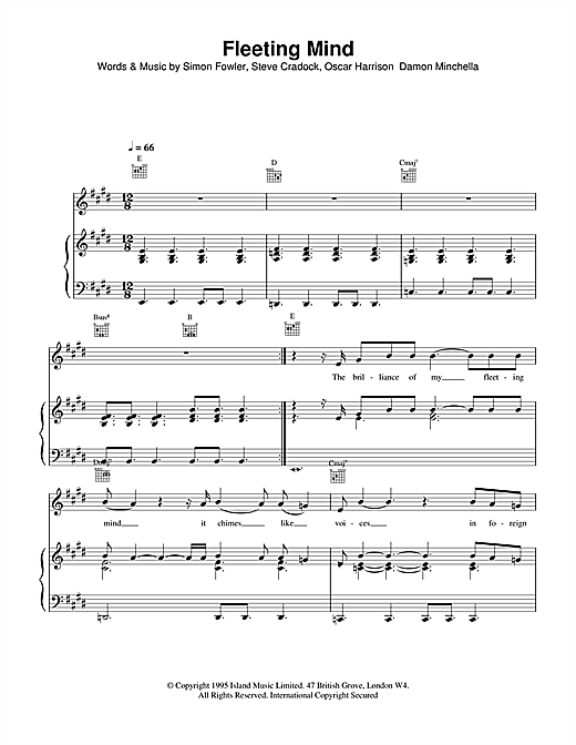 Preview Ocean Colour Scene Fleeting Mind Rock sheet music, notes and chords for Piano, Vocal & Guitar (Right-Hand Melody), SKU: 15146 sheet music, piano notes, chords, guitar tabs, score, transpose, transcribe, how to play, guide, download, learn, tutorial, progression, song, artist, awards, billboard, mtv, vh1, tour, single, album, release