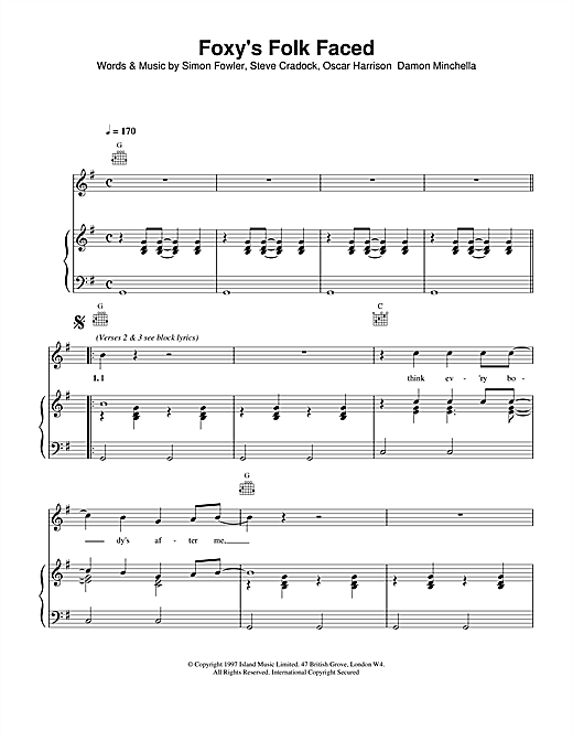 Preview Ocean Colour Scene Foxy's Folk Faced Rock sheet music, notes and chords for Piano, Vocal & Guitar (Right-Hand Melody), SKU: 15147 sheet music, piano notes, chords, guitar tabs, score, transpose, transcribe, how to play, guide, download, learn, tutorial, progression, song, artist, awards, billboard, mtv, vh1, tour, single, album, release