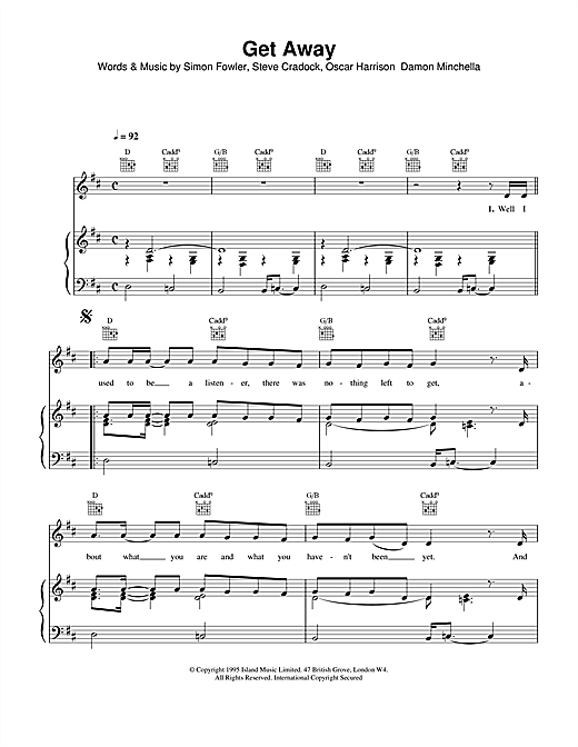Preview Ocean Colour Scene Get Away Rock sheet music, notes and chords for Piano, Vocal & Guitar (Right-Hand Melody), SKU: 15148 sheet music, piano notes, chords, guitar tabs, score, transpose, transcribe, how to play, guide, download, learn, tutorial, progression, song, artist, awards, billboard, mtv, vh1, tour, single, album, release