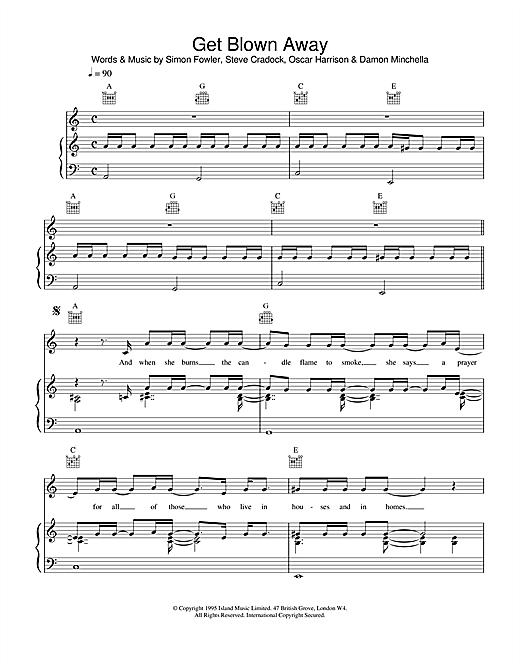 Preview Ocean Colour Scene Get Blown Away Rock sheet music, notes and chords for Piano, Vocal & Guitar (Right-Hand Melody), SKU: 15149 sheet music, piano notes, chords, guitar tabs, score, transpose, transcribe, how to play, guide, download, learn, tutorial, progression, song, artist, awards, billboard, mtv, vh1, tour, single, album, release