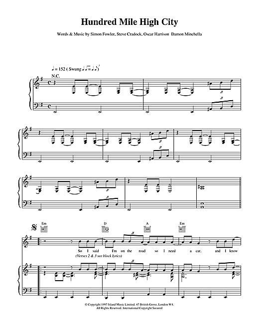 Preview Ocean Colour Scene Hundred Mile High City Rock sheet music, notes and chords for Piano, Vocal & Guitar (Right-Hand Melody), SKU: 15151 sheet music, piano notes, chords, guitar tabs, score, transpose, transcribe, how to play, guide, download, learn, tutorial, progression, song, artist, awards, billboard, mtv, vh1, tour, single, album, release
