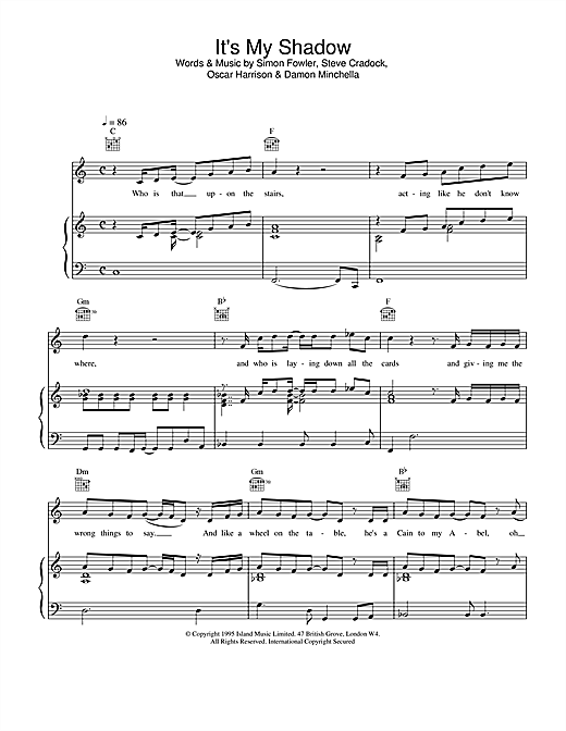 Preview Ocean Colour Scene It's My Shadow Rock sheet music, notes and chords for Piano, Vocal & Guitar (Right-Hand Melody), SKU: 15153 sheet music, piano notes, chords, guitar tabs, score, transpose, transcribe, how to play, guide, download, learn, tutorial, progression, song, artist, awards, billboard, mtv, vh1, tour, single, album, release
