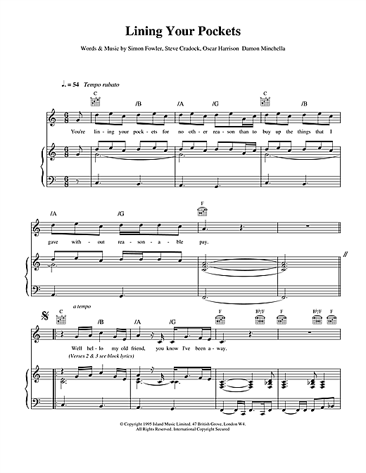 Preview Ocean Colour Scene Lining Your Pockets Rock sheet music, notes and chords for Piano, Vocal & Guitar (Right-Hand Melody), SKU: 15154 sheet music, piano notes, chords, guitar tabs, score, transpose, transcribe, how to play, guide, download, learn, tutorial, progression, song, artist, awards, billboard, mtv, vh1, tour, single, album, release