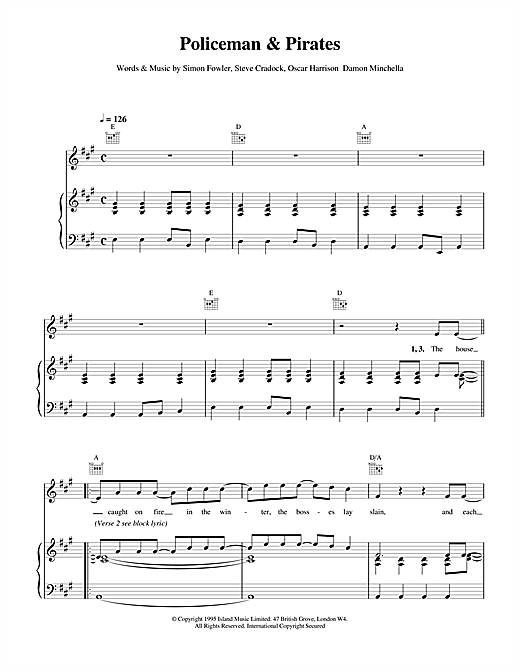 Preview Ocean Colour Scene Policemen And Pirates Rock sheet music, notes and chords for Piano, Vocal & Guitar (Right-Hand Melody), SKU: 15156 sheet music, piano notes, chords, guitar tabs, score, transpose, transcribe, how to play, guide, download, learn, tutorial, progression, song, artist, awards, billboard, mtv, vh1, tour, single, album, release