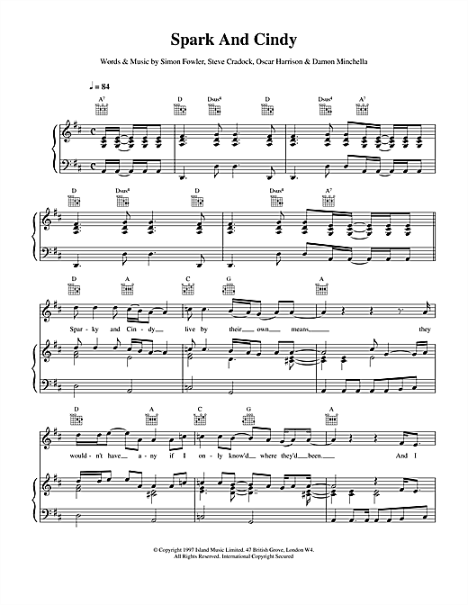 Preview Ocean Colour Scene Sparky And Cindy Rock sheet music, notes and chords for Piano, Vocal & Guitar (Right-Hand Melody), SKU: 15157 sheet music, piano notes, chords, guitar tabs, score, transpose, transcribe, how to play, guide, download, learn, tutorial, progression, song, artist, awards, billboard, mtv, vh1, tour, single, album, release