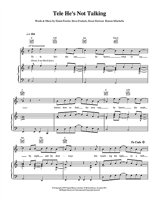 Preview Ocean Colour Scene Tele He's Not Talking Rock sheet music, notes and chords for Piano, Vocal & Guitar (Right-Hand Melody), SKU: 15158 sheet music, piano notes, chords, guitar tabs, score, transpose, transcribe, how to play, guide, download, learn, tutorial, progression, song, artist, awards, billboard, mtv, vh1, tour, single, album, release