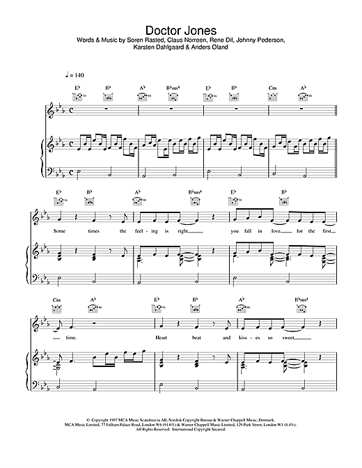 Preview Aqua Doctor Jones Pop sheet music, notes and chords for Piano, Vocal & Guitar (Right-Hand Melody), SKU: 15168 sheet music, piano notes, chords, guitar tabs, score, transpose, transcribe, how to play, guide, download, learn, tutorial, progression, song, artist, awards, billboard, mtv, vh1, tour, single, album, release