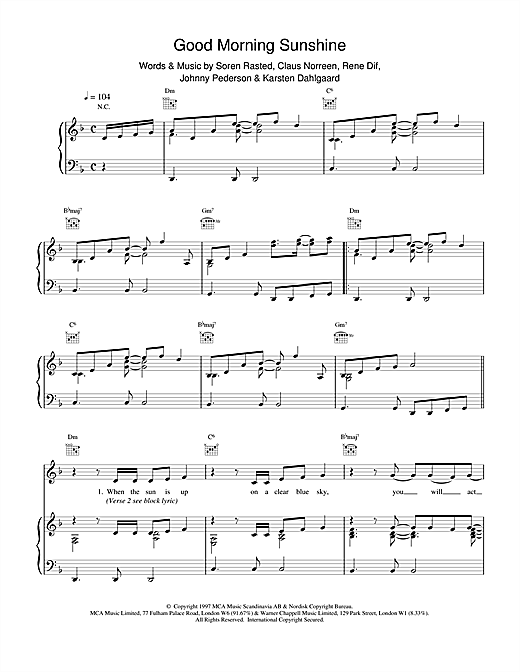 Preview Aqua Good Morning Sunshine Pop sheet music, notes and chords for Piano, Vocal & Guitar (Right-Hand Melody), SKU: 15169 sheet music, piano notes, chords, guitar tabs, score, transpose, transcribe, how to play, guide, download, learn, tutorial, progression, song, artist, awards, billboard, mtv, vh1, tour, single, album, release