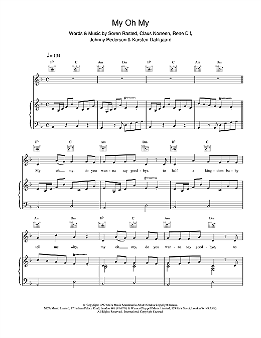 Preview Aqua My Oh My Pop sheet music, notes and chords for Piano, Vocal & Guitar (Right-Hand Melody), SKU: 15173 sheet music, piano notes, chords, guitar tabs, score, transpose, transcribe, how to play, guide, download, learn, tutorial, progression, song, artist, awards, billboard, mtv, vh1, tour, single, album, release