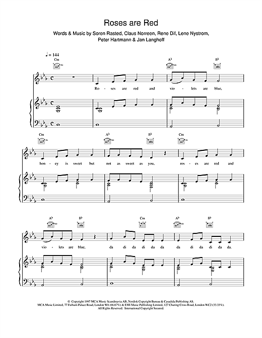 Preview Aqua Roses are Red Pop sheet music, notes and chords for Piano, Vocal & Guitar (Right-Hand Melody), SKU: 15174 sheet music, piano notes, chords, guitar tabs, score, transpose, transcribe, how to play, guide, download, learn, tutorial, progression, song, artist, awards, billboard, mtv, vh1, tour, single, album, release