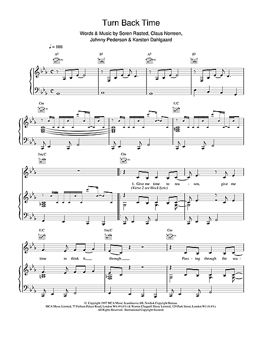 Preview Aqua Turn Back Time Pop sheet music, notes and chords for Piano, Vocal & Guitar (Right-Hand Melody), SKU: 15175 sheet music, piano notes, chords, guitar tabs, score, transpose, transcribe, how to play, guide, download, learn, tutorial, progression, song, artist, awards, billboard, mtv, vh1, tour, single, album, release