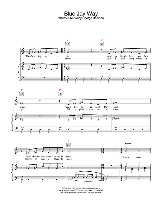 Preview The Beatles Blue Jay Way Rock sheet music, notes and chords for Piano, Vocal & Guitar (Right-Hand Melody), SKU: 15178 sheet music, piano notes, chords, guitar tabs, score, transpose, transcribe, how to play, guide, download, learn, tutorial, progression, song, artist, awards, billboard, mtv, vh1, tour, single, album, release