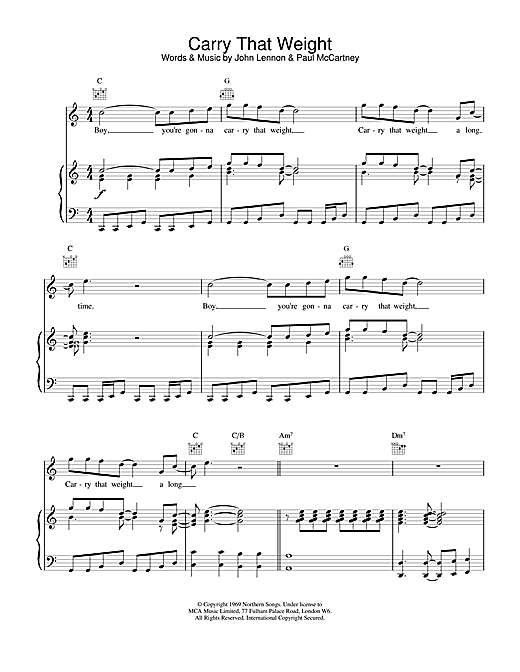 Preview The Beatles Carry That Weight Rock sheet music, notes and chords for Piano, Vocal & Guitar (Right-Hand Melody), SKU: 15179 sheet music, piano notes, chords, guitar tabs, score, transpose, transcribe, how to play, guide, download, learn, tutorial, progression, song, artist, awards, billboard, mtv, vh1, tour, single, album, release