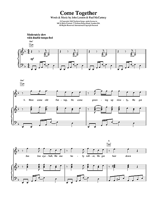 Preview The Beatles Come Together Rock sheet music, notes and chords for Piano, Vocal & Guitar (Right-Hand Melody), SKU: 15180 sheet music, piano notes, chords, guitar tabs, score, transpose, transcribe, how to play, guide, download, learn, tutorial, progression, song, artist, awards, billboard, mtv, vh1, tour, single, album, release