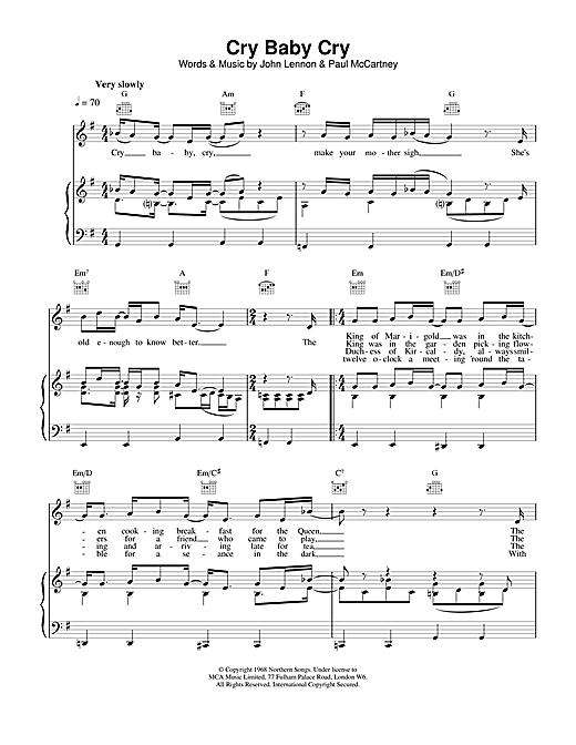 Preview The Beatles Cry Baby Cry Rock sheet music, notes and chords for Piano, Vocal & Guitar (Right-Hand Melody), SKU: 15181 sheet music, piano notes, chords, guitar tabs, score, transpose, transcribe, how to play, guide, download, learn, tutorial, progression, song, artist, awards, billboard, mtv, vh1, tour, single, album, release