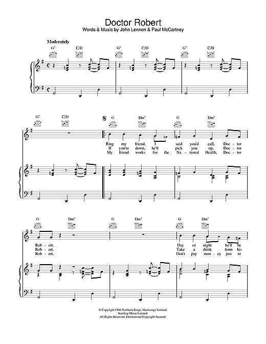 Preview The Beatles Doctor Robert Rock sheet music, notes and chords for Piano, Vocal & Guitar (Right-Hand Melody), SKU: 15184 sheet music, piano notes, chords, guitar tabs, score, transpose, transcribe, how to play, guide, download, learn, tutorial, progression, song, artist, awards, billboard, mtv, vh1, tour, single, album, release