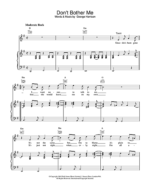 Preview The Beatles Don't Bother Me Rock sheet music, notes and chords for Piano, Vocal & Guitar (Right-Hand Melody), SKU: 15186 sheet music, piano notes, chords, guitar tabs, score, transpose, transcribe, how to play, guide, download, learn, tutorial, progression, song, artist, awards, billboard, mtv, vh1, tour, single, album, release
