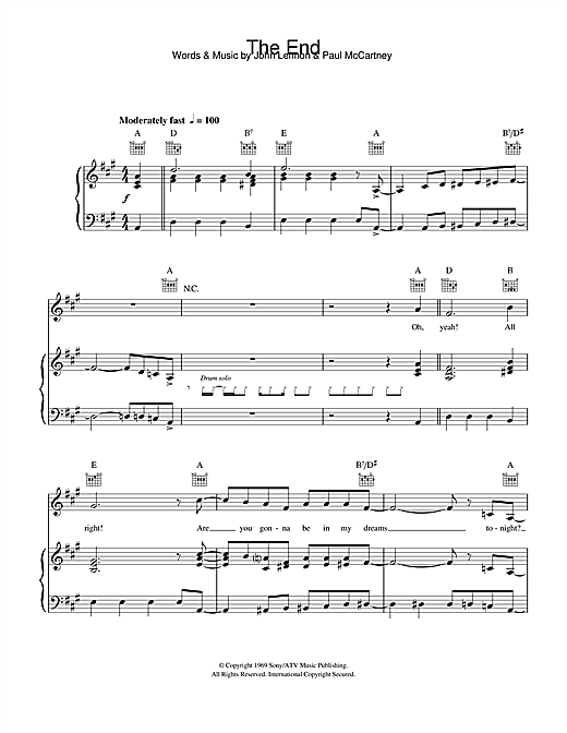 Preview The Beatles The End Rock sheet music, notes and chords for Piano, Vocal & Guitar (Right-Hand Melody), SKU: 15189 sheet music, piano notes, chords, guitar tabs, score, transpose, transcribe, how to play, guide, download, learn, tutorial, progression, song, artist, awards, billboard, mtv, vh1, tour, single, album, release