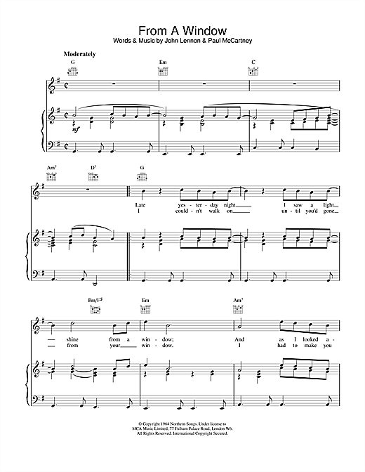 Preview The Beatles From A Window Rock sheet music, notes and chords for Piano, Vocal & Guitar (Right-Hand Melody), SKU: 15194 sheet music, piano notes, chords, guitar tabs, score, transpose, transcribe, how to play, guide, download, learn, tutorial, progression, song, artist, awards, billboard, mtv, vh1, tour, single, album, release