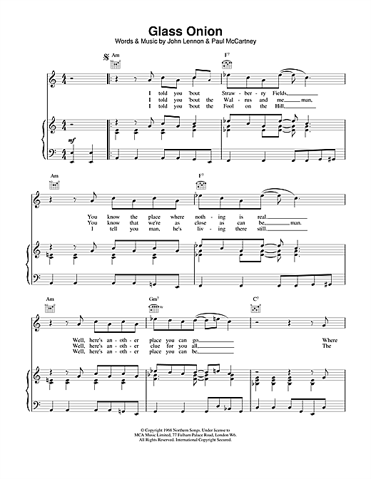 Preview The Beatles Glass Onion Rock sheet music, notes and chords for Piano, Vocal & Guitar (Right-Hand Melody), SKU: 15196 sheet music, piano notes, chords, guitar tabs, score, transpose, transcribe, how to play, guide, download, learn, tutorial, progression, song, artist, awards, billboard, mtv, vh1, tour, single, album, release