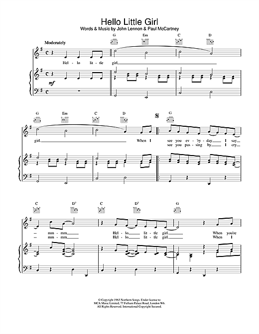 Preview The Beatles Hello Little Girl Rock sheet music, notes and chords for Piano, Vocal & Guitar (Right-Hand Melody), SKU: 15201 sheet music, piano notes, chords, guitar tabs, score, transpose, transcribe, how to play, guide, download, learn, tutorial, progression, song, artist, awards, billboard, mtv, vh1, tour, single, album, release