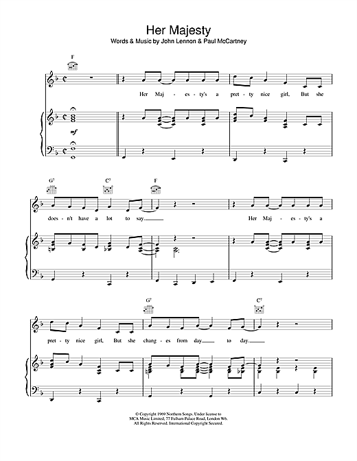 Preview The Beatles Her Majesty Rock sheet music, notes and chords for Piano, Vocal & Guitar (Right-Hand Melody), SKU: 15203 sheet music, piano notes, chords, guitar tabs, score, transpose, transcribe, how to play, guide, download, learn, tutorial, progression, song, artist, awards, billboard, mtv, vh1, tour, single, album, release