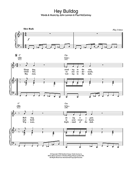Preview The Beatles Hey Bulldog Rock sheet music, notes and chords for Piano, Vocal & Guitar (Right-Hand Melody), SKU: 15204 sheet music, piano notes, chords, guitar tabs, score, transpose, transcribe, how to play, guide, download, learn, tutorial, progression, song, artist, awards, billboard, mtv, vh1, tour, single, album, release