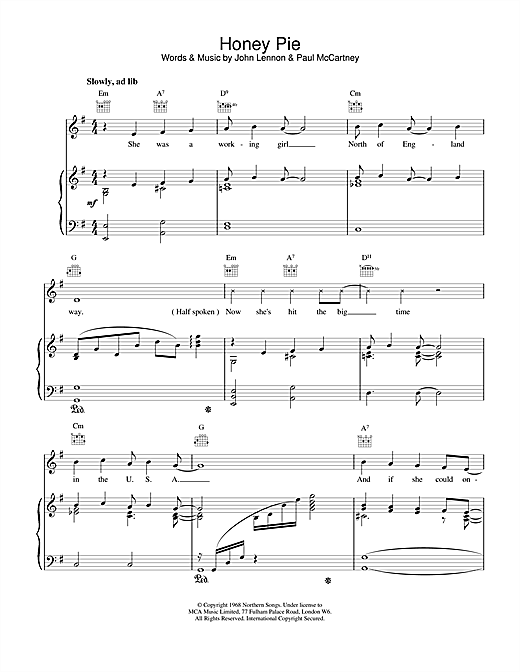Preview The Beatles Honey Pie Rock sheet music, notes and chords for Piano, Vocal & Guitar (Right-Hand Melody), SKU: 15205 sheet music, piano notes, chords, guitar tabs, score, transpose, transcribe, how to play, guide, download, learn, tutorial, progression, song, artist, awards, billboard, mtv, vh1, tour, single, album, release