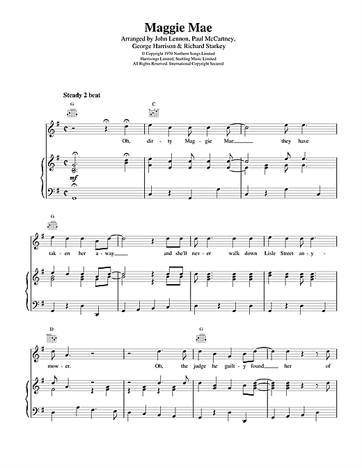 Preview The Beatles Maggie Mae Rock sheet music, notes and chords for Piano, Vocal & Guitar (Right-Hand Melody), SKU: 15210 sheet music, piano notes, chords, guitar tabs, score, transpose, transcribe, how to play, guide, download, learn, tutorial, progression, song, artist, awards, billboard, mtv, vh1, tour, single, album, release
