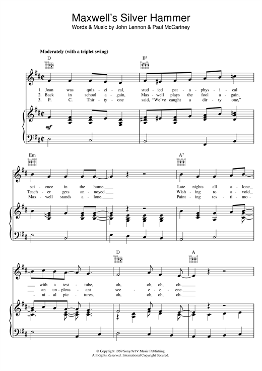 Preview The Beatles Maxwell's Silver Hammer Rock sheet music, notes and chords for Piano, Vocal & Guitar (Right-Hand Melody), SKU: 15212 sheet music, piano notes, chords, guitar tabs, score, transpose, transcribe, how to play, guide, download, learn, tutorial, progression, song, artist, awards, billboard, mtv, vh1, tour, single, album, release