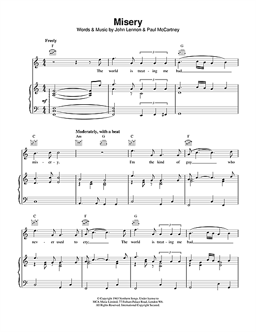 Preview The Beatles Misery Rock sheet music, notes and chords for Piano, Vocal & Guitar (Right-Hand Melody), SKU: 15214 sheet music, piano notes, chords, guitar tabs, score, transpose, transcribe, how to play, guide, download, learn, tutorial, progression, song, artist, awards, billboard, mtv, vh1, tour, single, album, release
