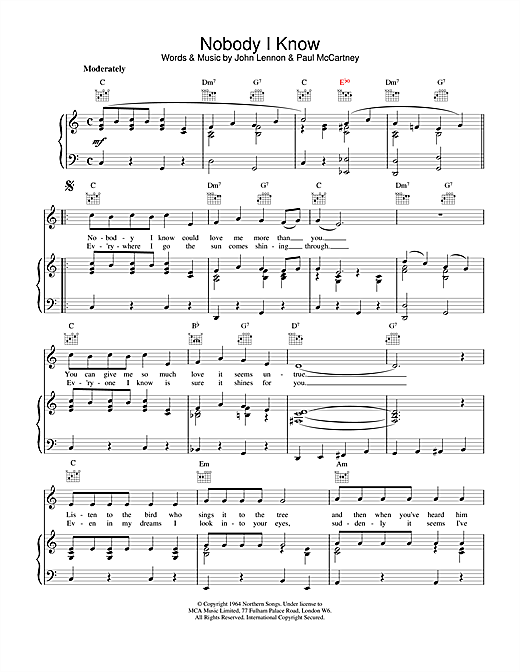 Preview The Beatles Nobody I Know Rock sheet music, notes and chords for Piano, Vocal & Guitar (Right-Hand Melody), SKU: 15217 sheet music, piano notes, chords, guitar tabs, score, transpose, transcribe, how to play, guide, download, learn, tutorial, progression, song, artist, awards, billboard, mtv, vh1, tour, single, album, release