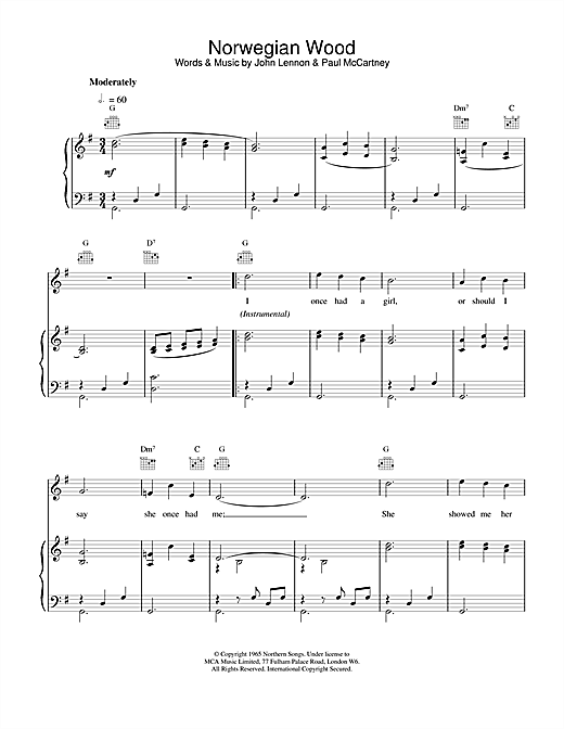 Preview The Beatles Norwegian Wood (This Bird Has Flown) Rock sheet music, notes and chords for Piano, Vocal & Guitar (Right-Hand Melody), SKU: 15218 sheet music, piano notes, chords, guitar tabs, score, transpose, transcribe, how to play, guide, download, learn, tutorial, progression, song, artist, awards, billboard, mtv, vh1, tour, single, album, release